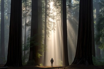 A breathtaking image of the Redwood forest under the soft, filtered light of dawn. Tall redwood trees stretch towards the sky, their massive trunks creating patterns of light and shadow on the forest 