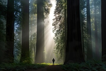 A breathtaking image of the Redwood forest under the soft, filtered light of dawn. Tall redwood trees stretch towards the sky, their massive trunks creating patterns of light and shadow on the forest 