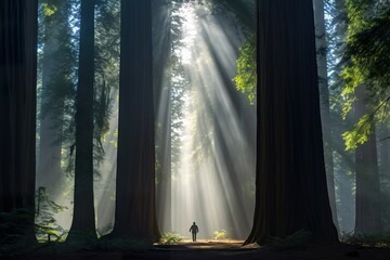 A breathtaking image of the Redwood forest under the soft, filtered light of dawn. Tall redwood trees stretch towards the sky, their massive trunks creating patterns of light and shadow on the forest 