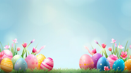 Fototapeta na wymiar Banner with colorful eggs and flowers for a easter theme background with copy space