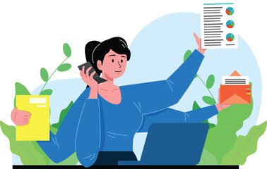 women flat style working on laptop