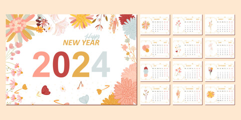 Floral calendar template for 2024 . horizontal design with abstract colorful flowers. Vector illustration template printable desk calendar. Week starts on Monday. - obrazy, fototapety, plakaty