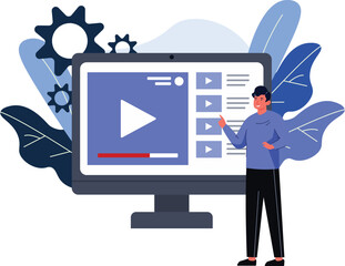 illustration flat style of a person holding video computer