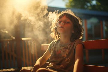 boy child smoking cigarette in afternoon summer sunshine - obrazy, fototapety, plakaty