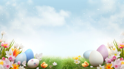 Banner with colorful eggs and flowers for a easter theme background with copy space