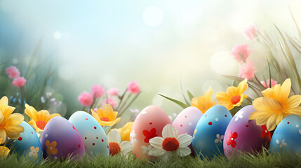 Easter eggs with blossom flower and sunny day on wooden table with spring meadow background