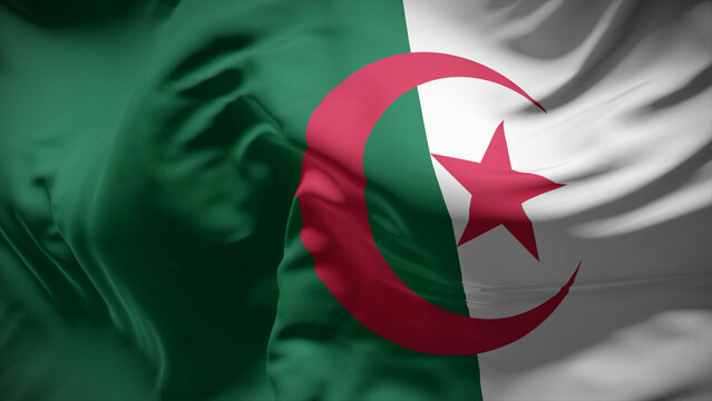 Close-up view of Algeria national flag fluttering in the wind.