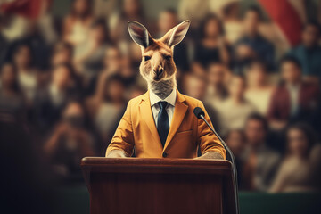 kangaroo in yellow suit giving talk at lectern to australian crowd - obrazy, fototapety, plakaty