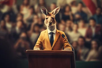 Foto op Plexiglas kangaroo in yellow suit giving talk at lectern to australian crowd © Ricky