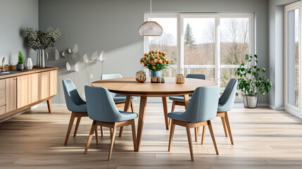 Fototapeta na wymiar Mid-Century Marvel: A Symphony of Style with a Round Wooden Dining Table and Blue Chairs in a Scandinavian Home Haven