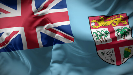 Close-up view of Fiji national flag fluttering in the wind.