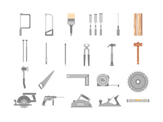 Carpenter's Tools Collection Flat Design Style. Work Support Equipment Vector Illustration on White Background.