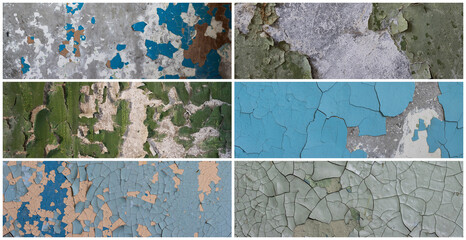 Set of peeling paint textures. Old concrete walls with cracked flaking paint. Weathered rough painted surfaces with patterns of cracks and peeling. Collection of panoramic backgrounds for design.
