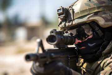 Fototapeta na wymiar close up shot of Israeli soldier in uniform aiming rifle