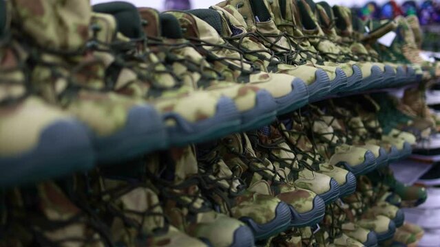 Footwear for the military. Khaki boots.
