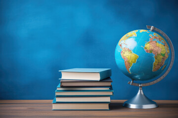 Journey to understanding Globe model on textbooks represents travel and learning. AI Generative touch adds to the scholarly appeal.
