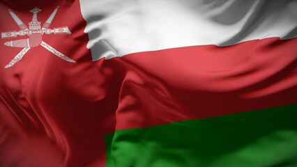 Close-up view of Oman national flag fluttering in the wind.