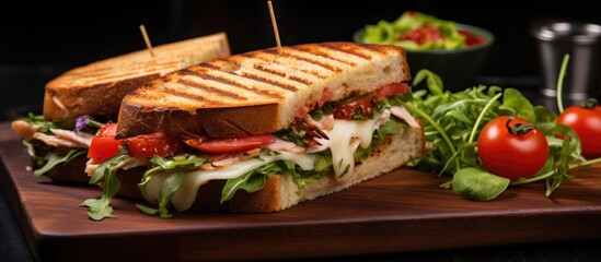 In the gourmet cuisine restaurant, a green leaf of lettuce perfectly complemented the grilled chicken, mozzarella cheese, tomato, and bread in the healthy, vegetable-packed panini that was served as a