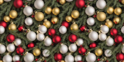 Fototapeta na wymiar Christmas seamless pattern from spruce branches, festive tinsel and New Year's toys.Generative AI.