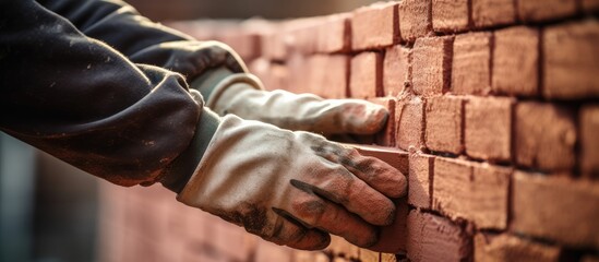 The construction worker carefully placed each brick on the interior wall, ensuring the brickwork formed a beautiful surface with its intricate brick texture in a close-up view. Meanwhile, outside, the