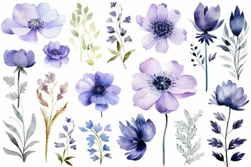 Fotobehang The wallpaper set of many purple watercolor flower type graphic illustrations isolated on a white background for decoration. Generative AI. © Surachetsh
