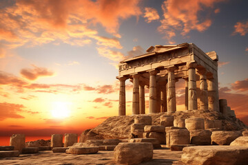 Fototapeta premium The scenic landscape view of an ancient Greek rock temple with Doric column ruin in the evening twilight time. Generative AI.