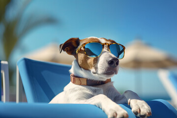 A fresh take on beach relaxation, a funny dog in sunglasses. Sun, sea, and AI Generative fun come together in this pet's vacation.