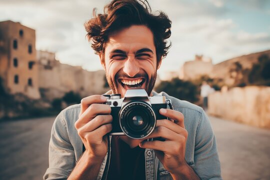 Photo of a beaming young man capturing memories with his camera. Generative AI