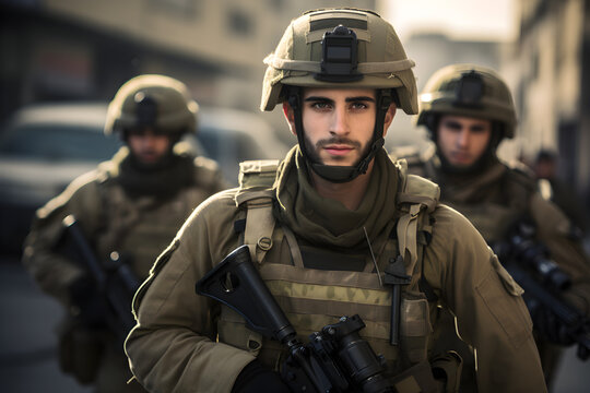 Israeli soldier in uniform with rifle patrolling streets of with squad