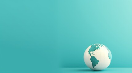  an egg with a green and white map of the world painted on it's side on a blue background, with a shadow of the whole egg in the foreground.