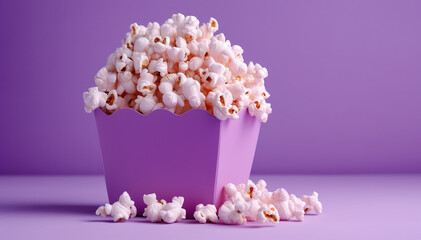 Popcorn for movie, cinema. Popcorn in violet bucket isolated on purple background. Banner pop corn salty cheese fast food snack mockup. Template blank copy space.