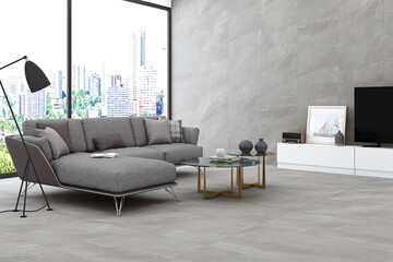 Living room's interior features a grey polished marble floor, luxurious couch next to a window with a view of the ocean, a wooden coffee table, a distinctive hanging chandelier, fresh plants.3D Render