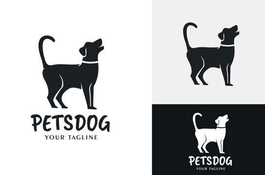 Silhouette of Pet Dog Playing. Illustration design of a dog with a standing tail as a sign of wanting to play black and white background