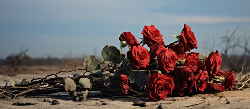 In the midst of withered, dried flowers lay a bouquet of red roses, symbols of love now burdened by a broken heart, reminiscing the joyful vibrancy they once held.
