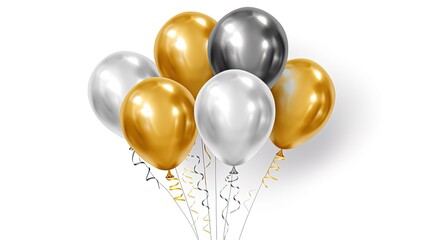 A large bunch of New Years eve golden silver and grey balloons  with strings and ribbons on white.