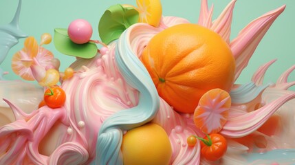  a close up of an orange and other fruits and vegetables on top of a whipped cream frosted cake, with icing and fruit on top of the icing.