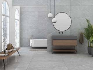 The interior of a luxurious bathroom features grey marble with veins of silver, grey washbasin, circular mirror, a white bathtub, and a window overlooking the snow. 3D Rendering