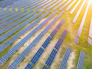 Aerial view of solar panels on a sunny day. Power farm producing clean energy. Solar panels on field.