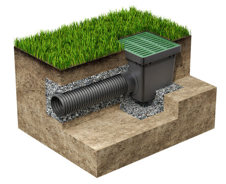 Cross section of sewer drainage system concept with drain box and catch basin isolated on white background - 3D illustration