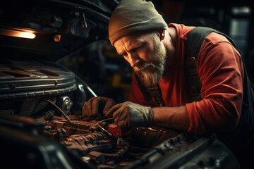 An adult male mechanic is repairing a car in a garage. Car service