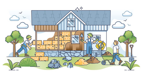 Natural building techniques to build sustainable house outline concept. Construction site with green and nature friendly materials for insulation and facade vector illustration. Ecological home wall.