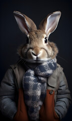 Obraz na płótnie Canvas studio portrait of rabbit dressed in winter clothes. Fashion portrait of an anthropomorphic animal, posing with a charismatic human attitude
