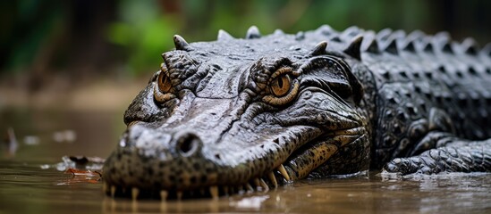 Fototapeta premium In the heart of the Asian wilderness, a daring traveler ventured to a tropical farm near a serene lake, where large leather-skinned crocodiles lurked in the river. With their piercing eyes and