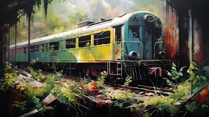 Obraz premium Acrylic art of abandoned old train in station overtaken by moss and plant.