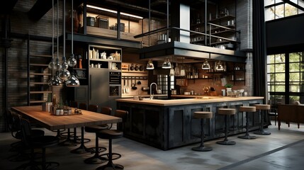Fototapeta na wymiar Modern and Traditional Kitchen Interior with open plan matte black dining area 