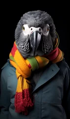 Raamstickers studio portrait of parrot dressed in winter clothes. Fashion portrait of an anthropomorphic animal, posing with a charismatic human attitude © sam