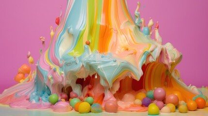  a multicolored cake with white frosting and sprinkles on top of it on a pink background with colorful candies on the bottom of the cake.