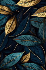 The abstract wallpaper of elegant green and yellow plant leaves with silver and gold line illustration pattern background. Generative AI.