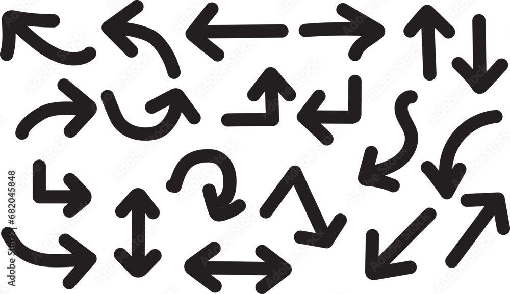 Poster black and white vector icons set. set of black arrows. arrow pointers on white background. shining a