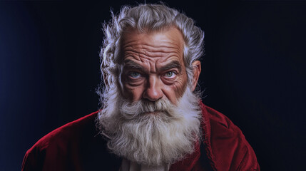 Portrait of tired and serious Santa Claus without red hat. Copy space.